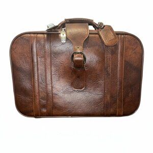 Vintage 1970s Chestnut Brown Leather Rectangle Zip Suitcase